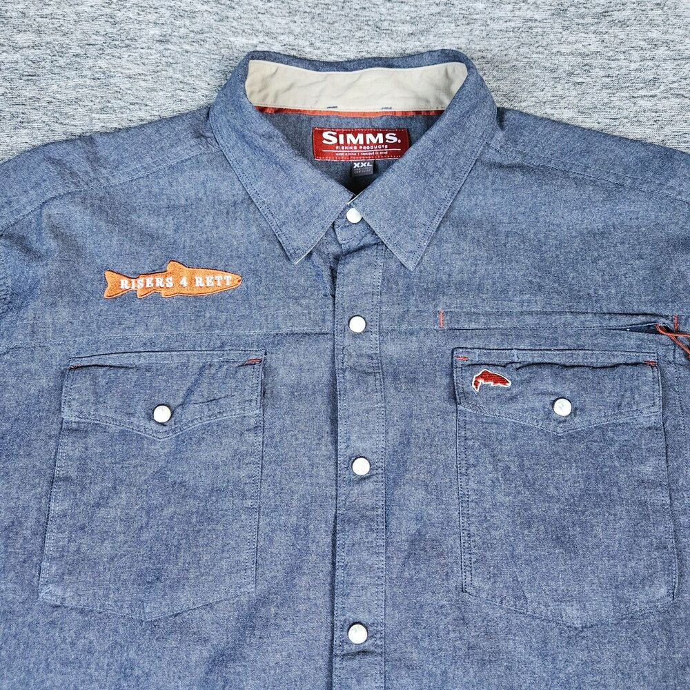 Simms XXL Stillwater Chambray Pearl Snap Fishing Shirt UPF 50 Blue Long Sleeve